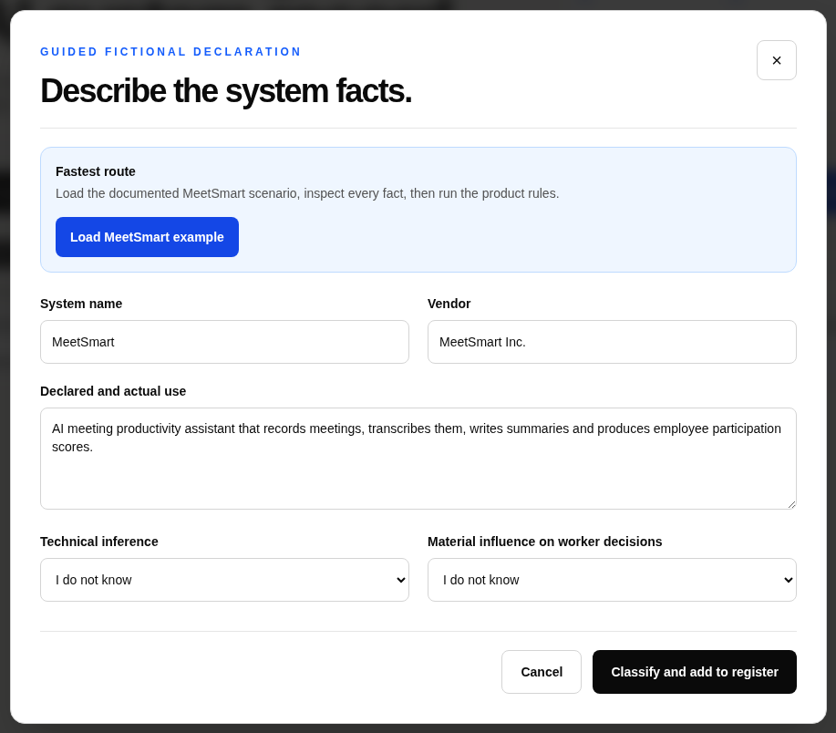 MeetSmart fictional declaration in the AI Risk Register public demo.