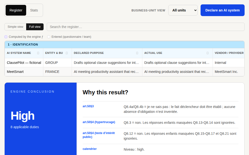 AI Risk Register public demo with the seeded fictional ClausePilot register row.