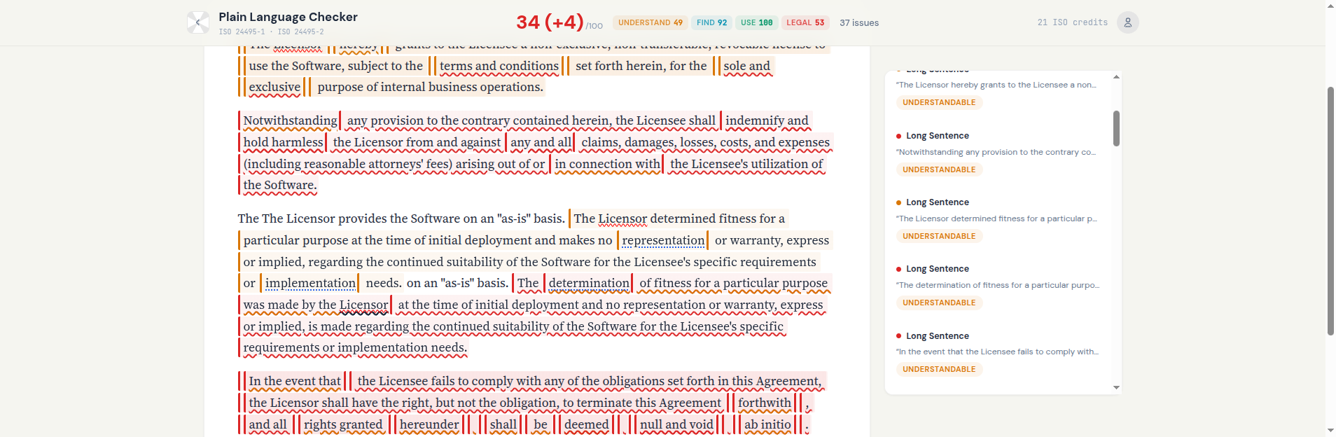 Archived Plain Language Checker after a proposed sample-text rewrite is applied.