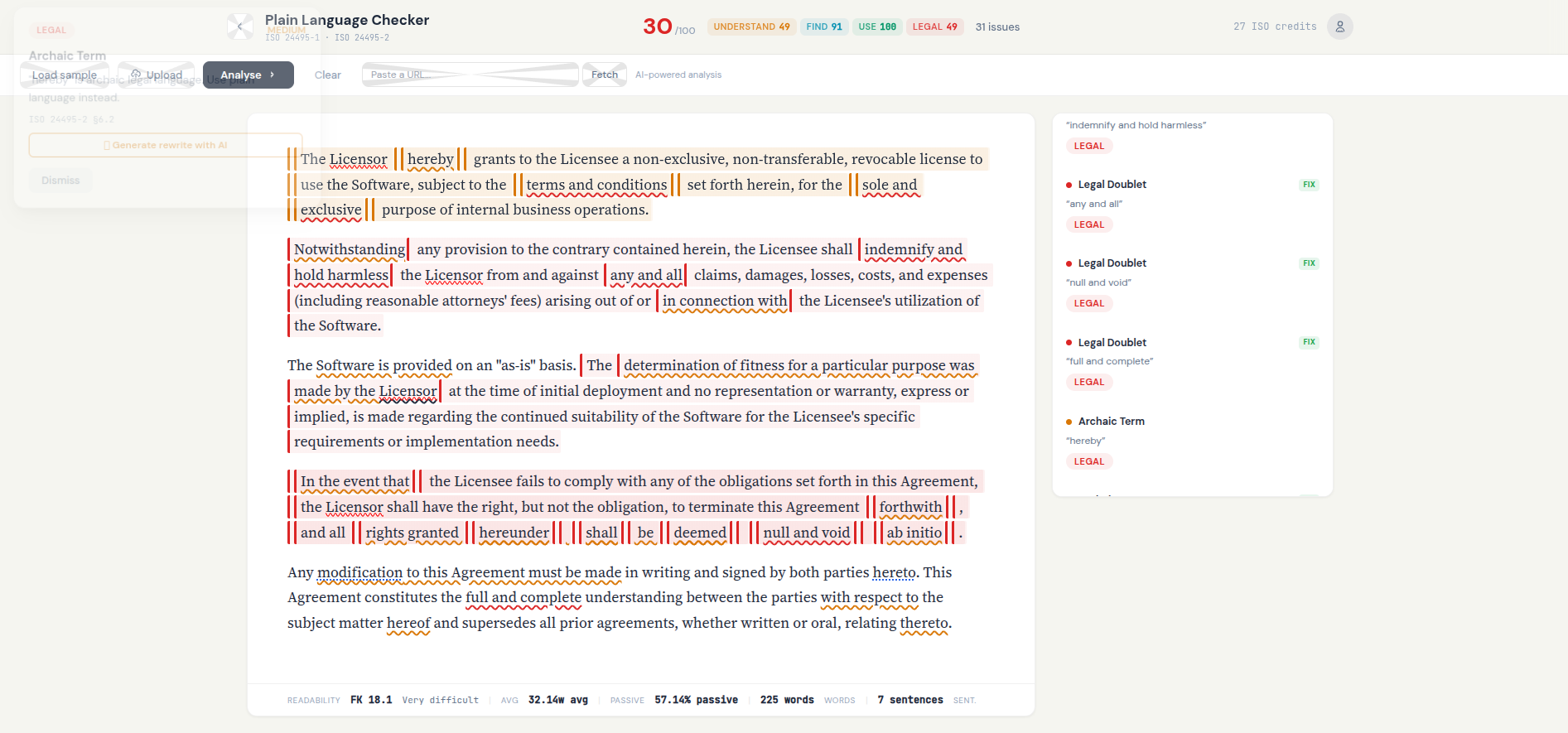 Archived Plain Language Checker issue popover explaining a detected drafting problem.
