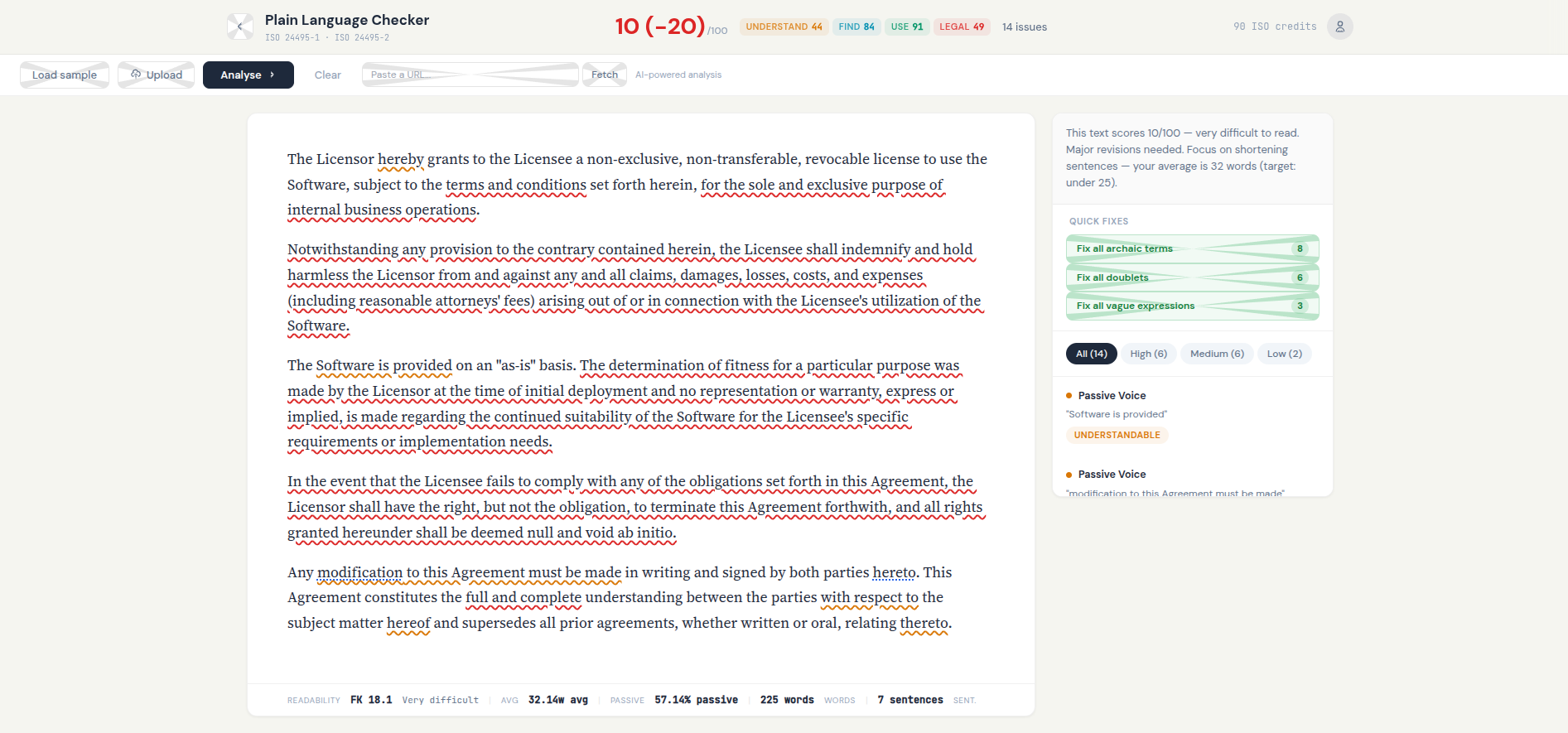 Archived Plain Language Checker after deterministic issues are detected in the sample text.