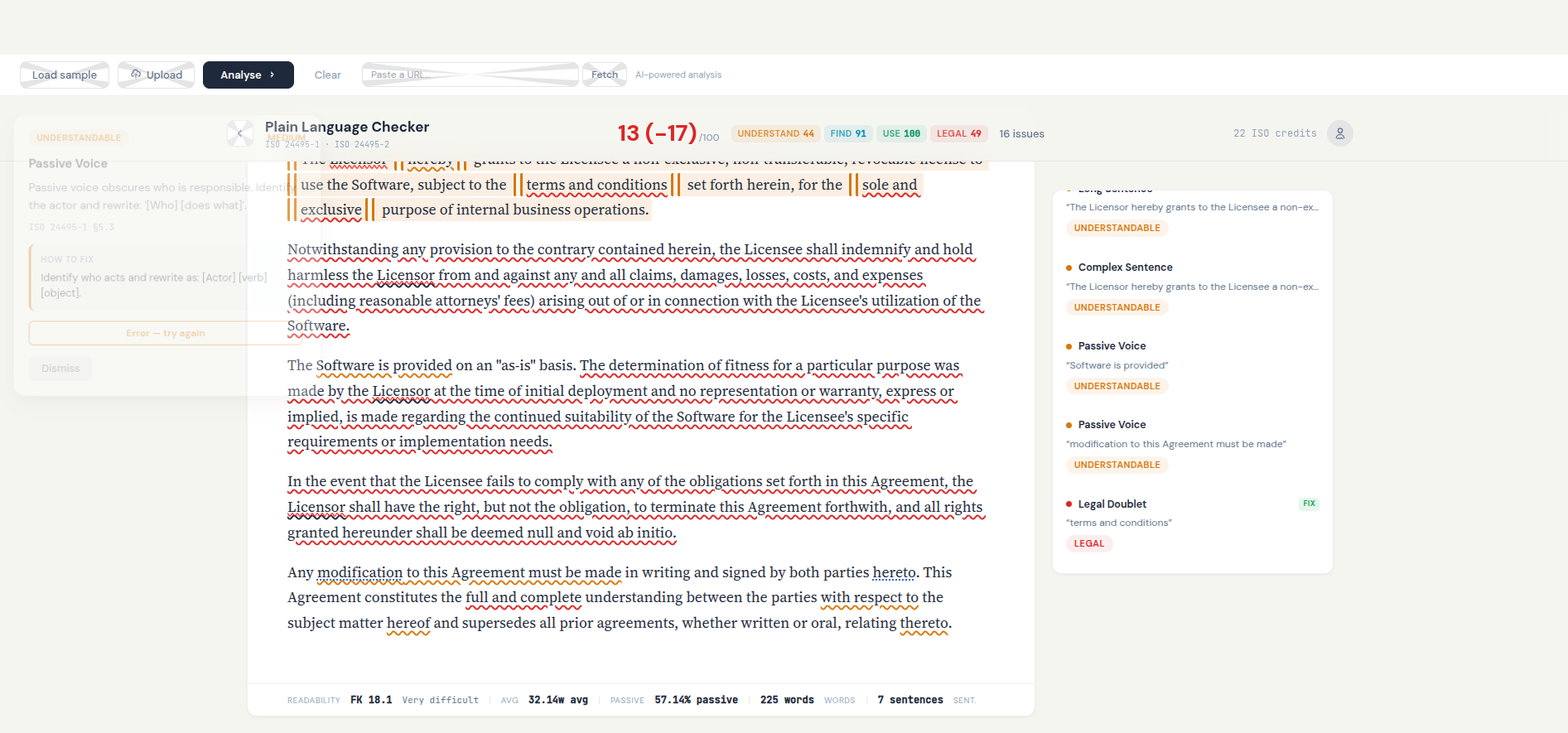 Archived Plain Language Checker showing a proposed rewrite for the sample text.