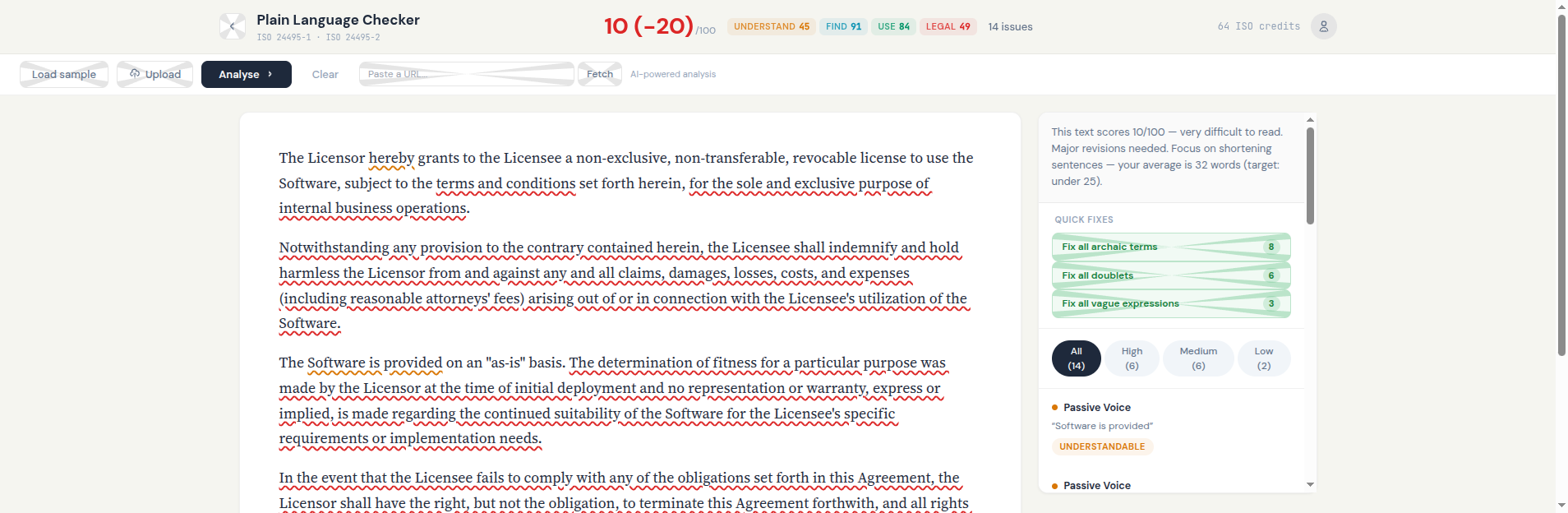 Archived Plain Language Checker with the built-in sample legal text loaded.